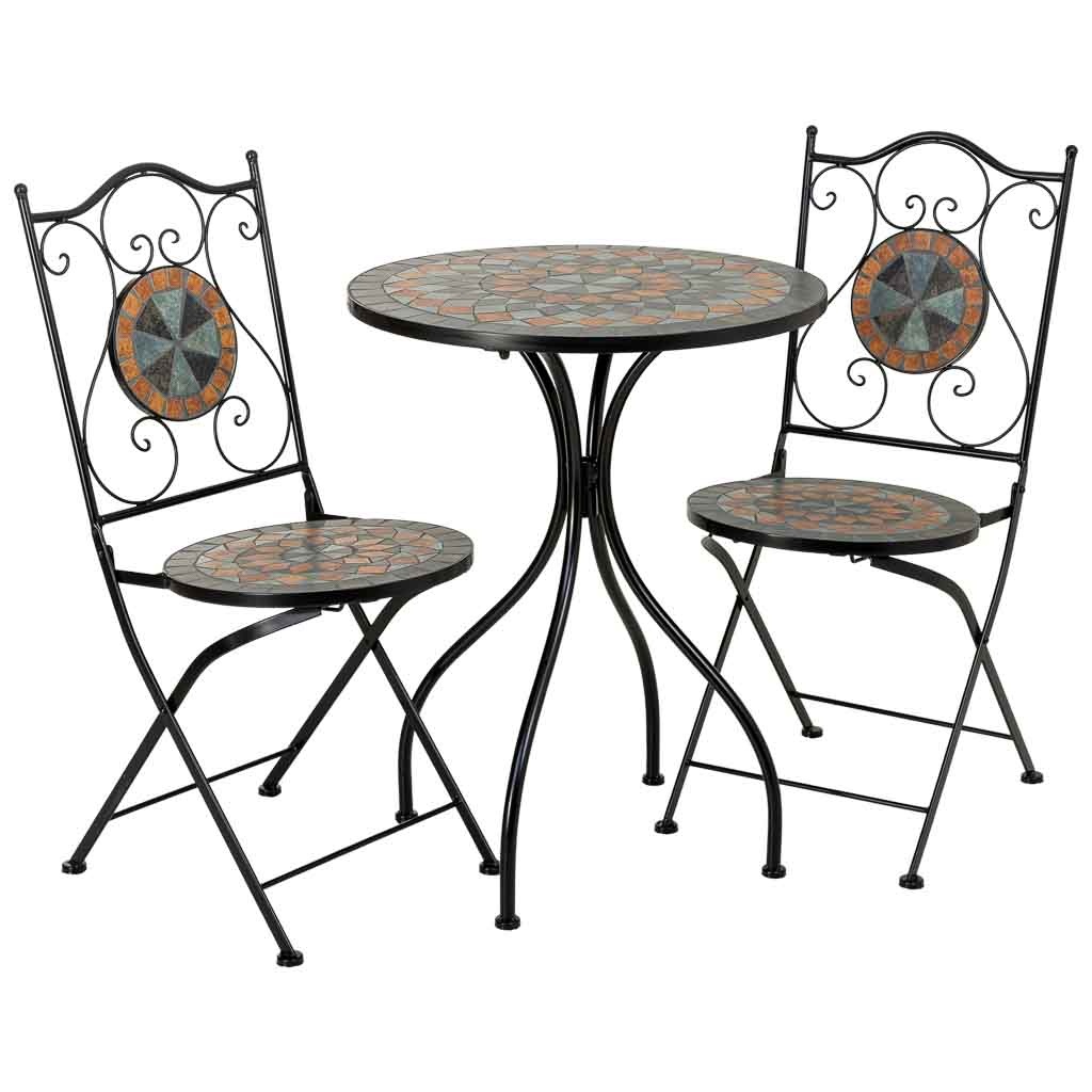 Conjunto de mesa e 2 cadeiras em mosaico e ferro forjado marrom, mesa: