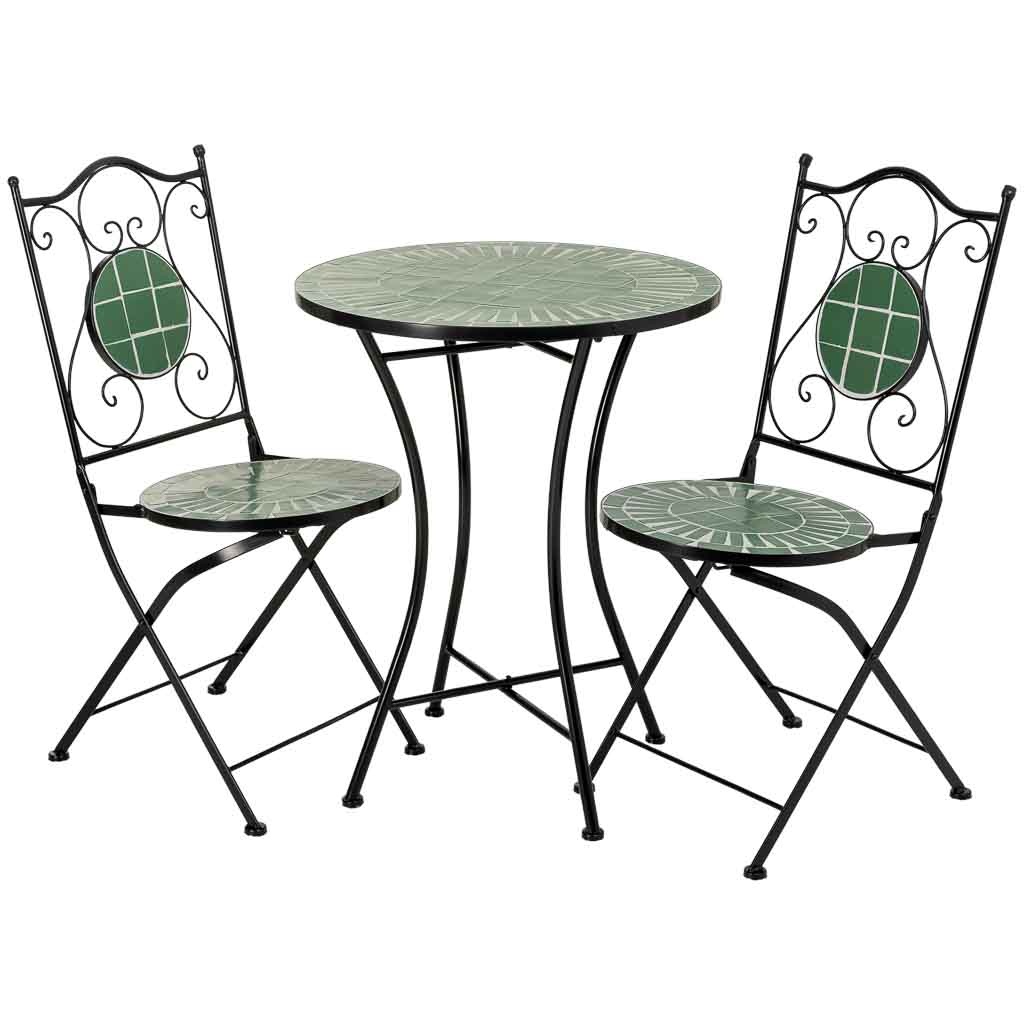 Conjunto de mesa e 2 cadeiras em mosaico e ferro forjado verde, mesa: