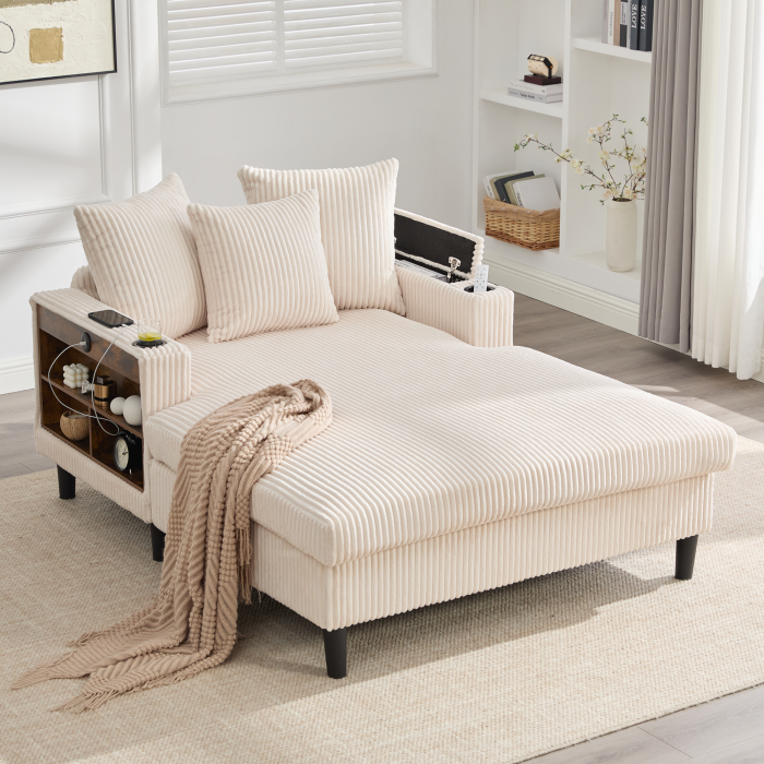 Chaise longue em bombazina bege com LED usb arrumação e porta copos
