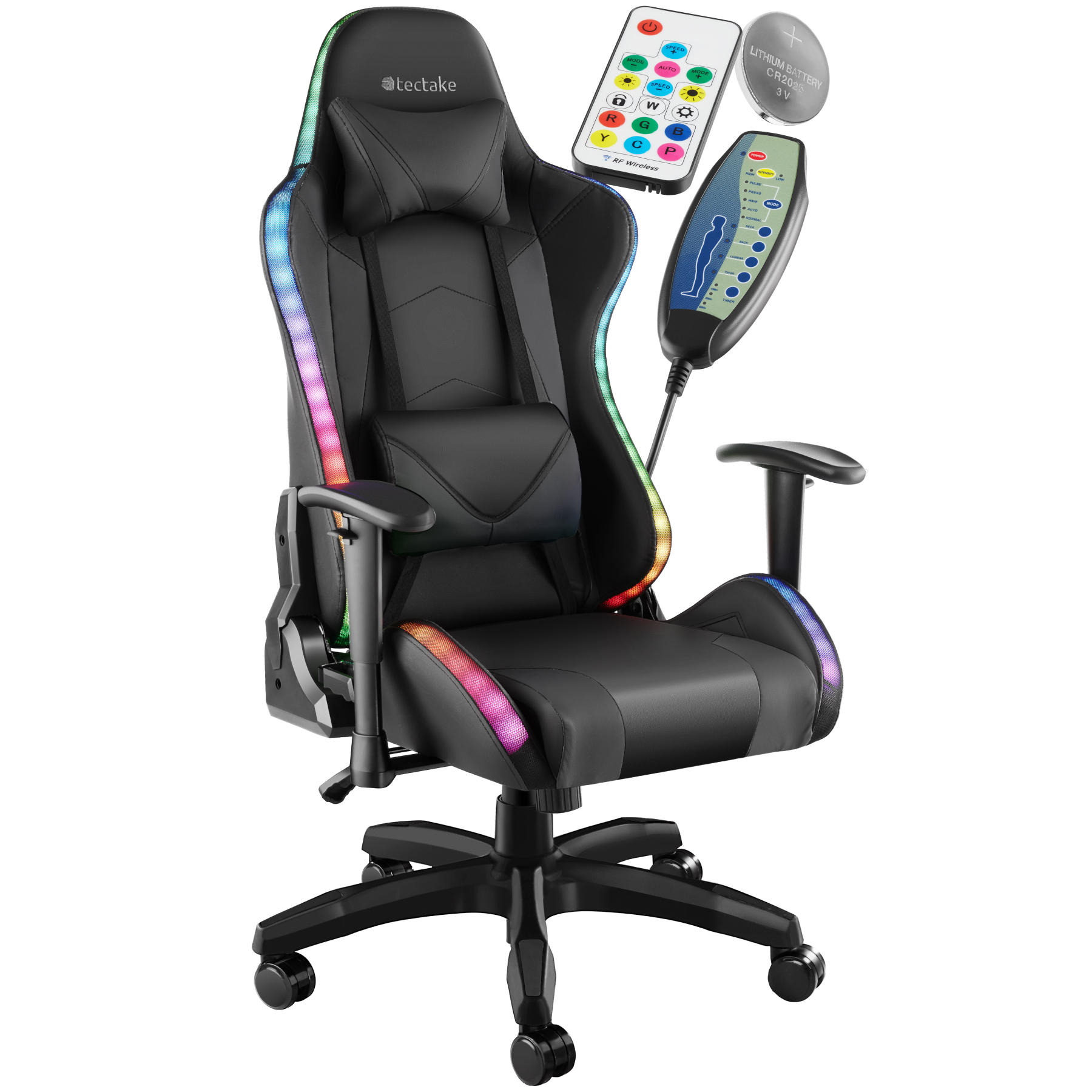 Tectake cadeira de gaming, LED, função de massagem, 360º, preto/preto