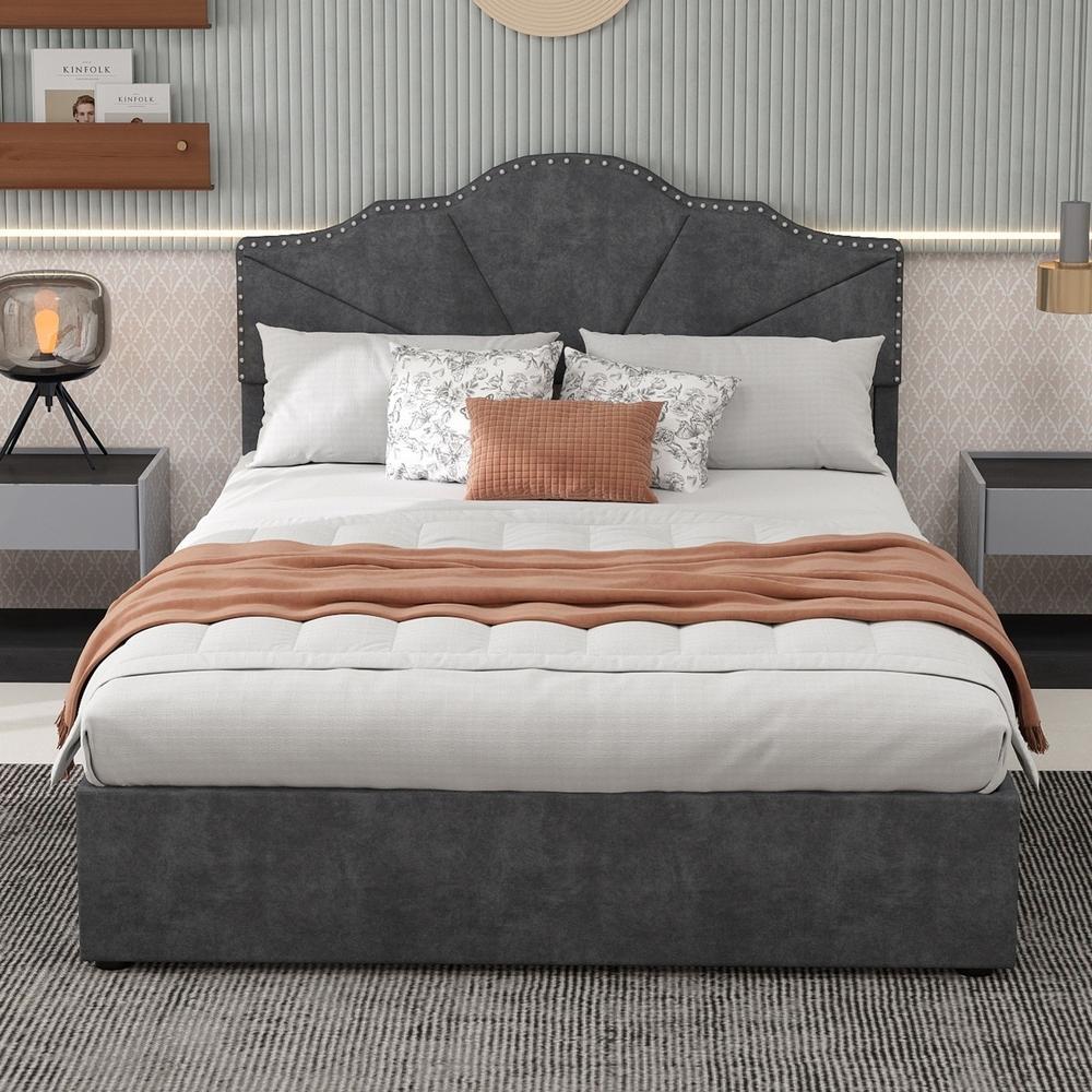 Cama 160x200cm cinzenta com cabeceira e arrumação elevatória