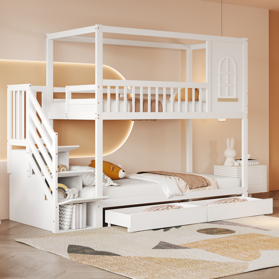 Beliche infantil 90x200cm em madeira com casinha e arrumação – branco