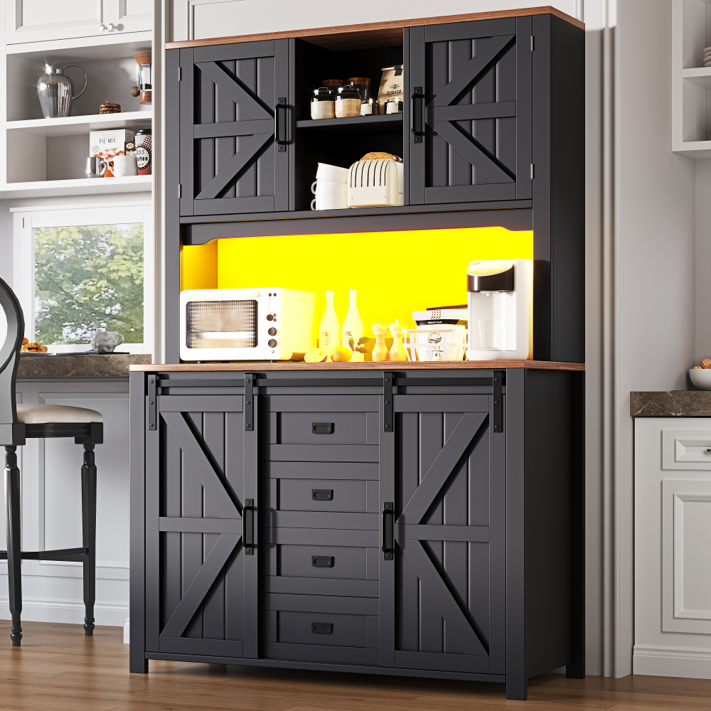 Armário de cozinha alto com portas de correr e LED preto 115x40x174,7 cm