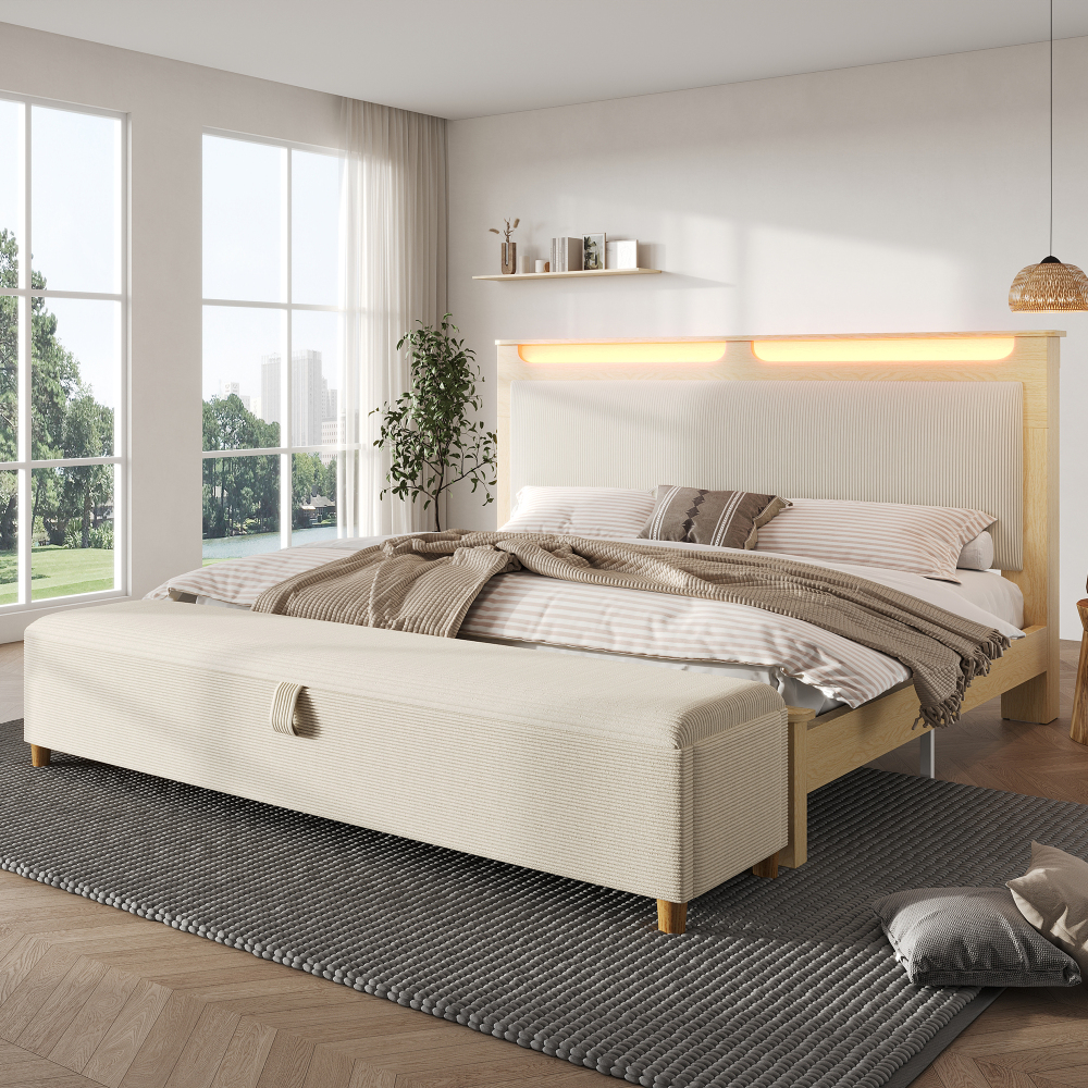 Cama de casal 140x200cm com arrumação, LED e banco madeira – bege