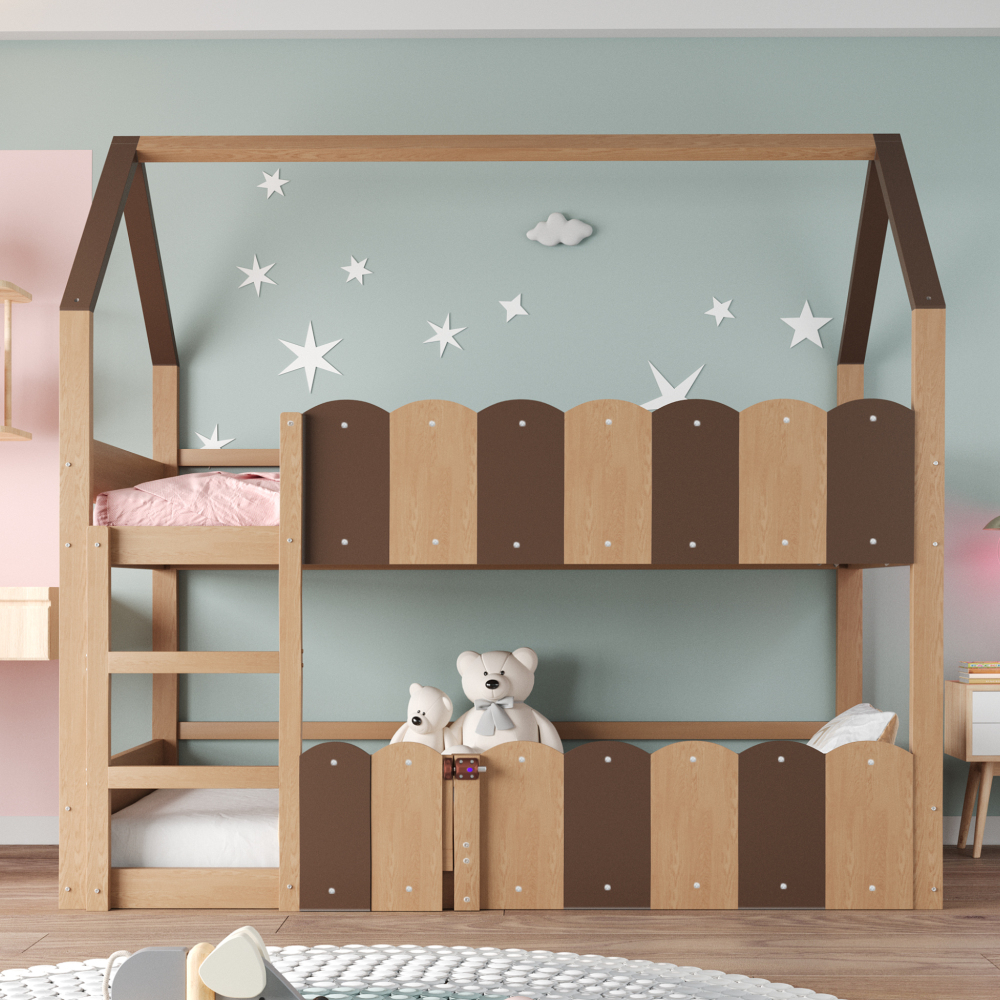 Beliche infantil 90x200cm em forma de casa com escada madeira – natural