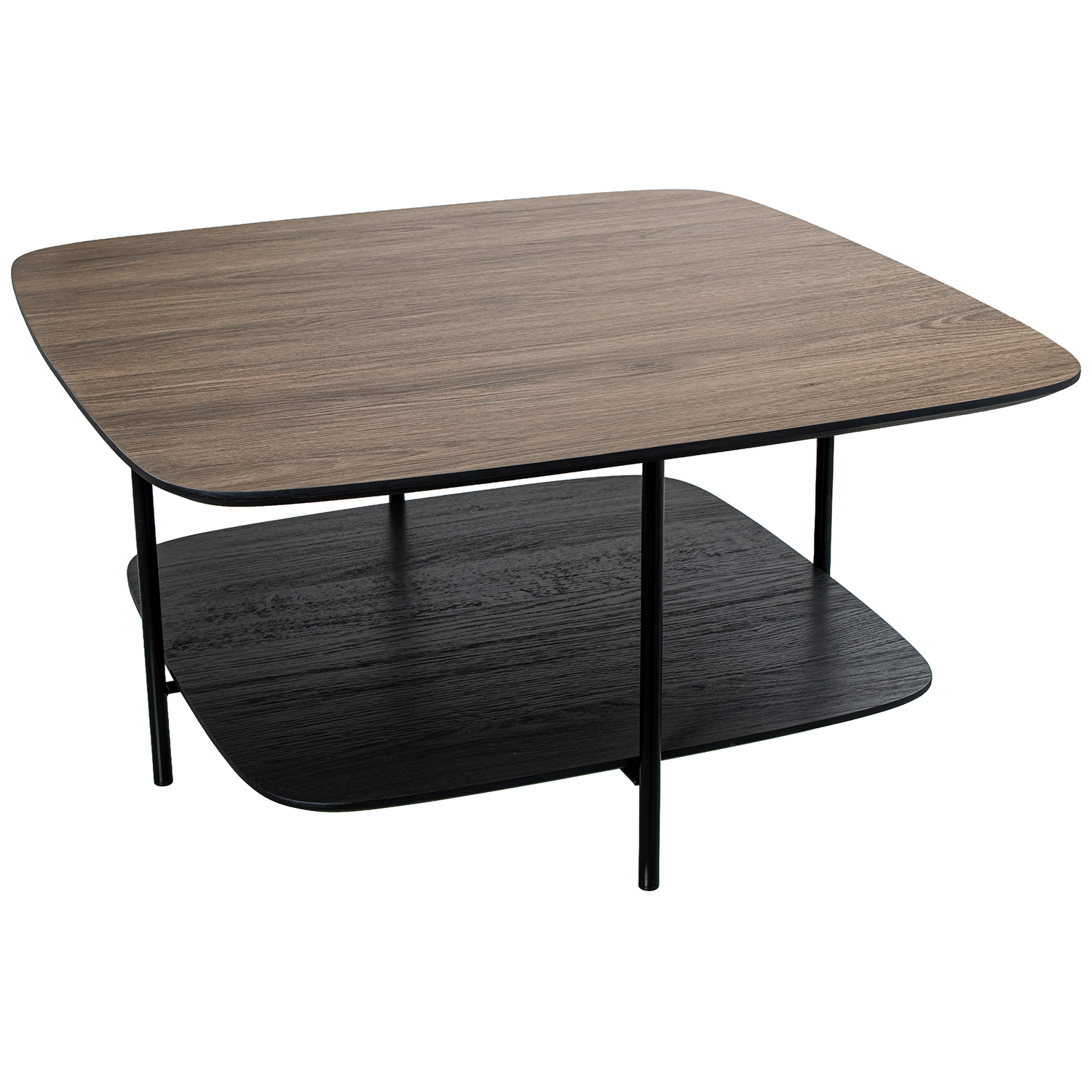Mesa de centro com acabamento em madeira e pés de metal preto.