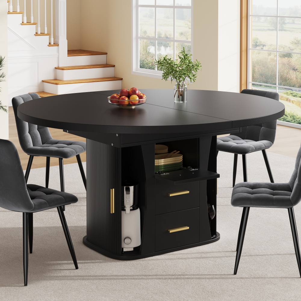 Mesa de comedor extensible redonda a ovalada mdf negro 77x158x118cm