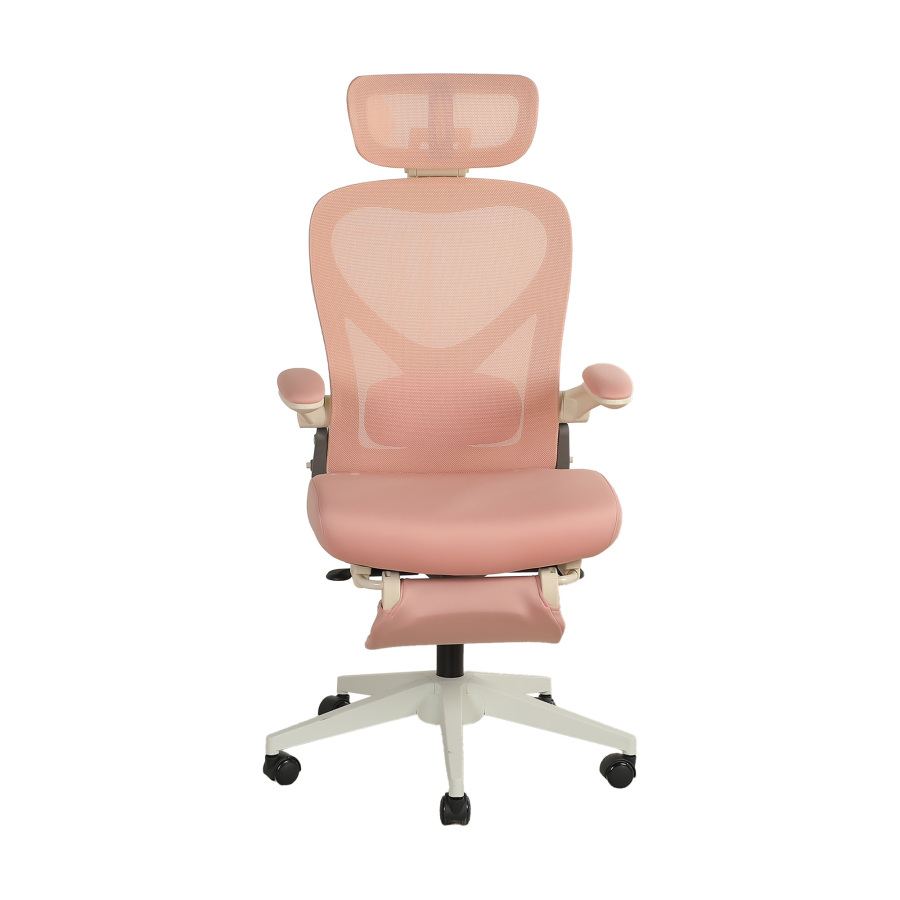 Silla de oficina ergonómica rosa con reposacabezas y lumbar
