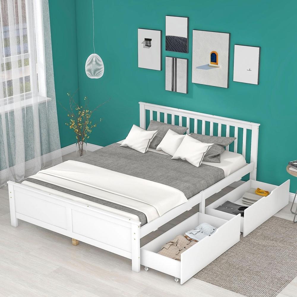 Cama casal 140x200cm madeira pinho com gavetas arrumo branco