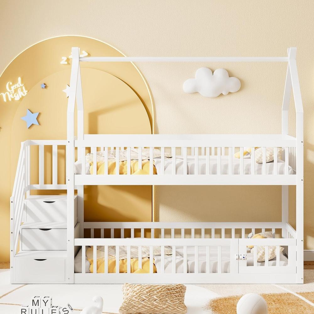 Cama alta infantil 90x200cm com teto, escada e gavetas, branca