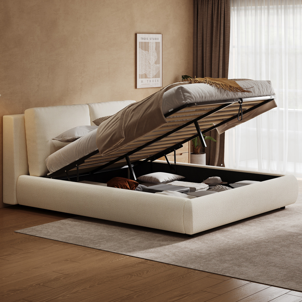 Cama de casal 180x200cm com arrumação hidráulica bouclé – bege