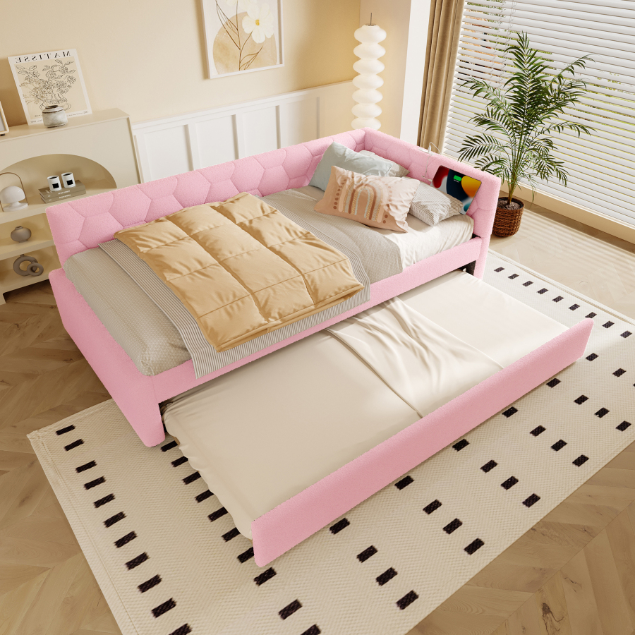 Cama divã com cama auxiliar em bouclé rosa 90 x 200 cm com usb e luz