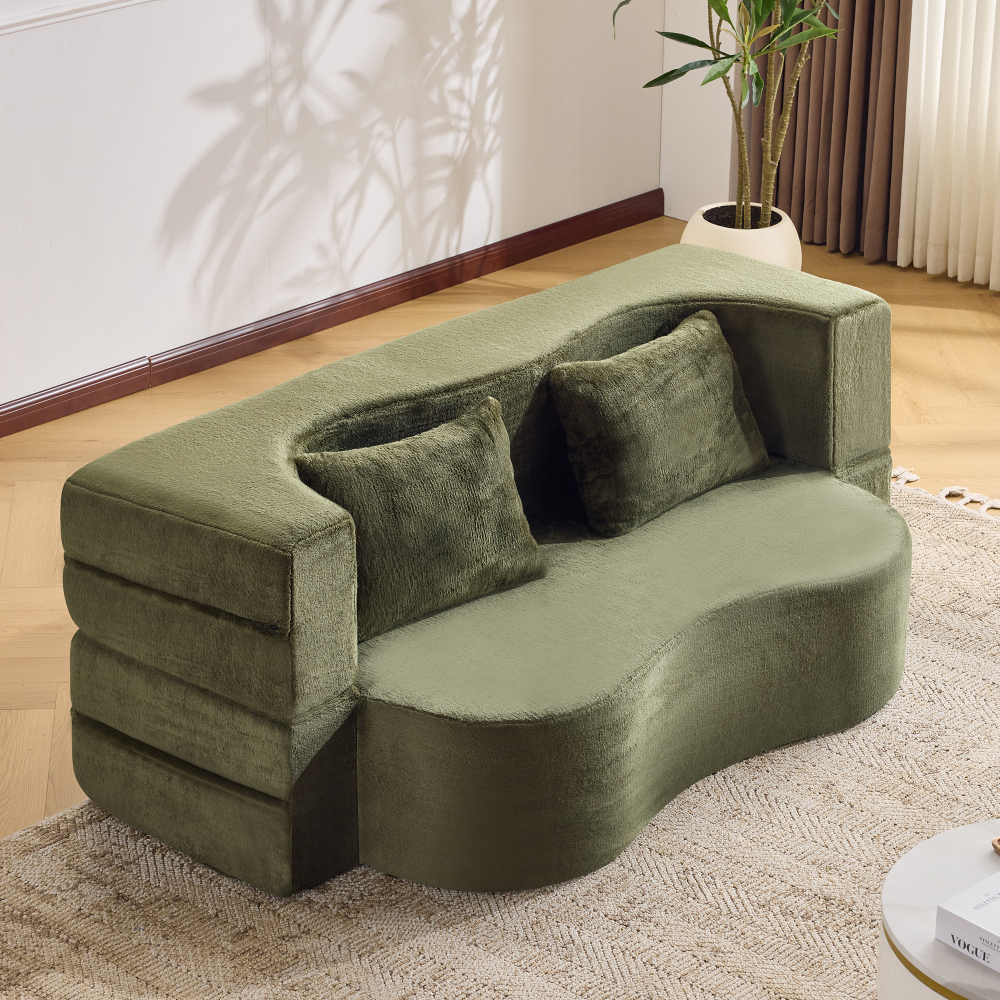 Sofá cama dobrável em espuma verde com 2 almofadas 2 em 1