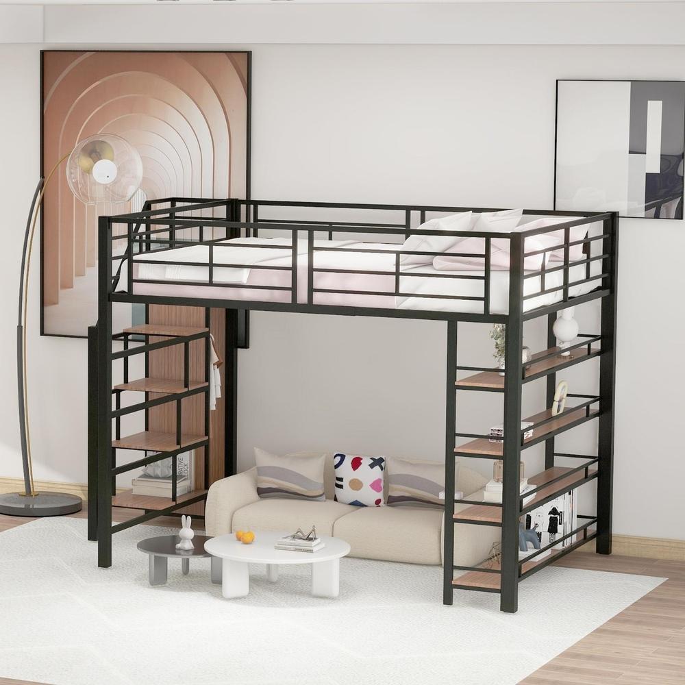 Cama alta 140x200cm metal com escada gavetas e armário preto