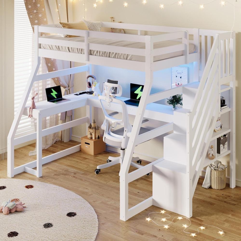 Cama alta 90x200cm, secretária LED, usb e escada com arrumação branca