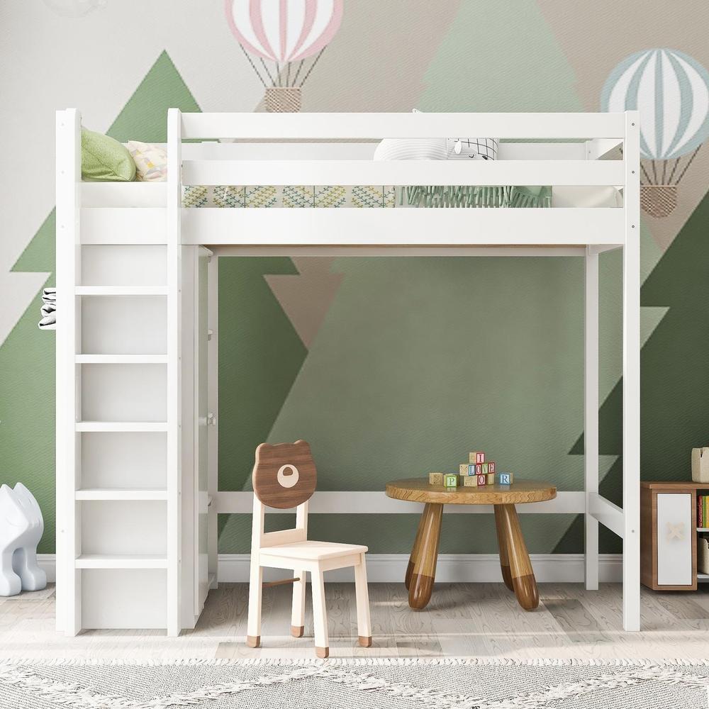 Cama alta infantil 90x200cm com armário e 6 prateleiras branco