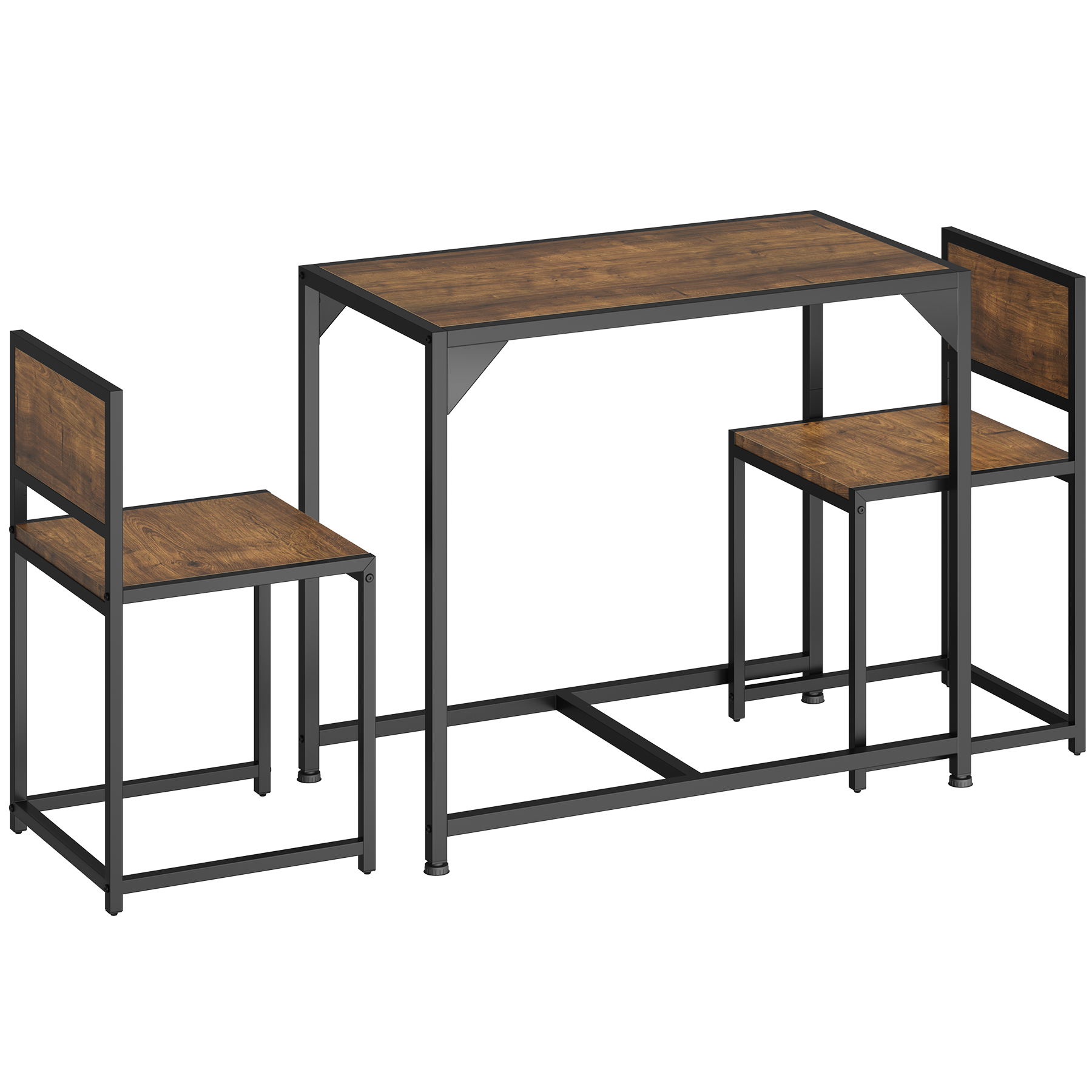 Juego de comedor industrial de 3 peças, mesa e 2 cadeiras madeira oscura