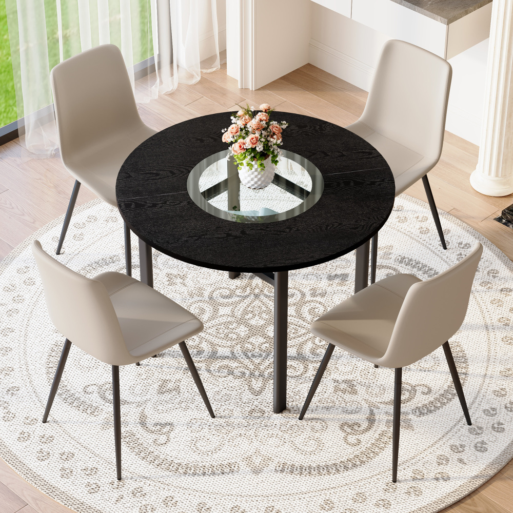 Conjunto mesa redonda 4 cadeiras madeira negra e pu castanho