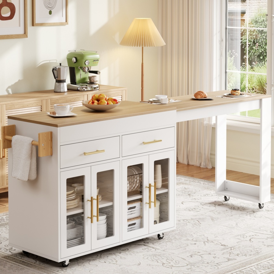 Ilha de cozinha com mesa retrátil 2 portas 2 gavetas branca 93x217x50cm