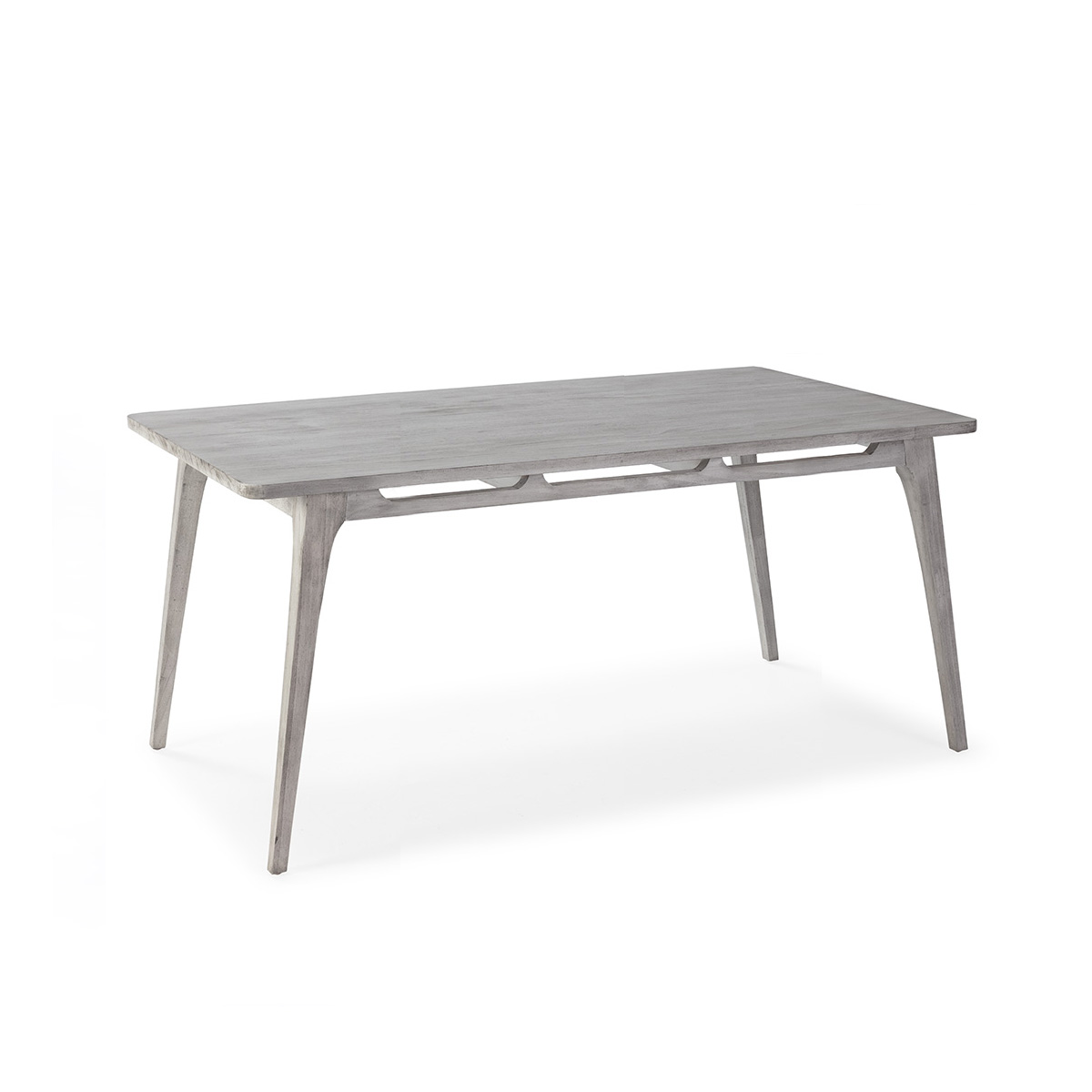 Mesa de jantar 150x80x76 em madeira cinza com leve brilho.