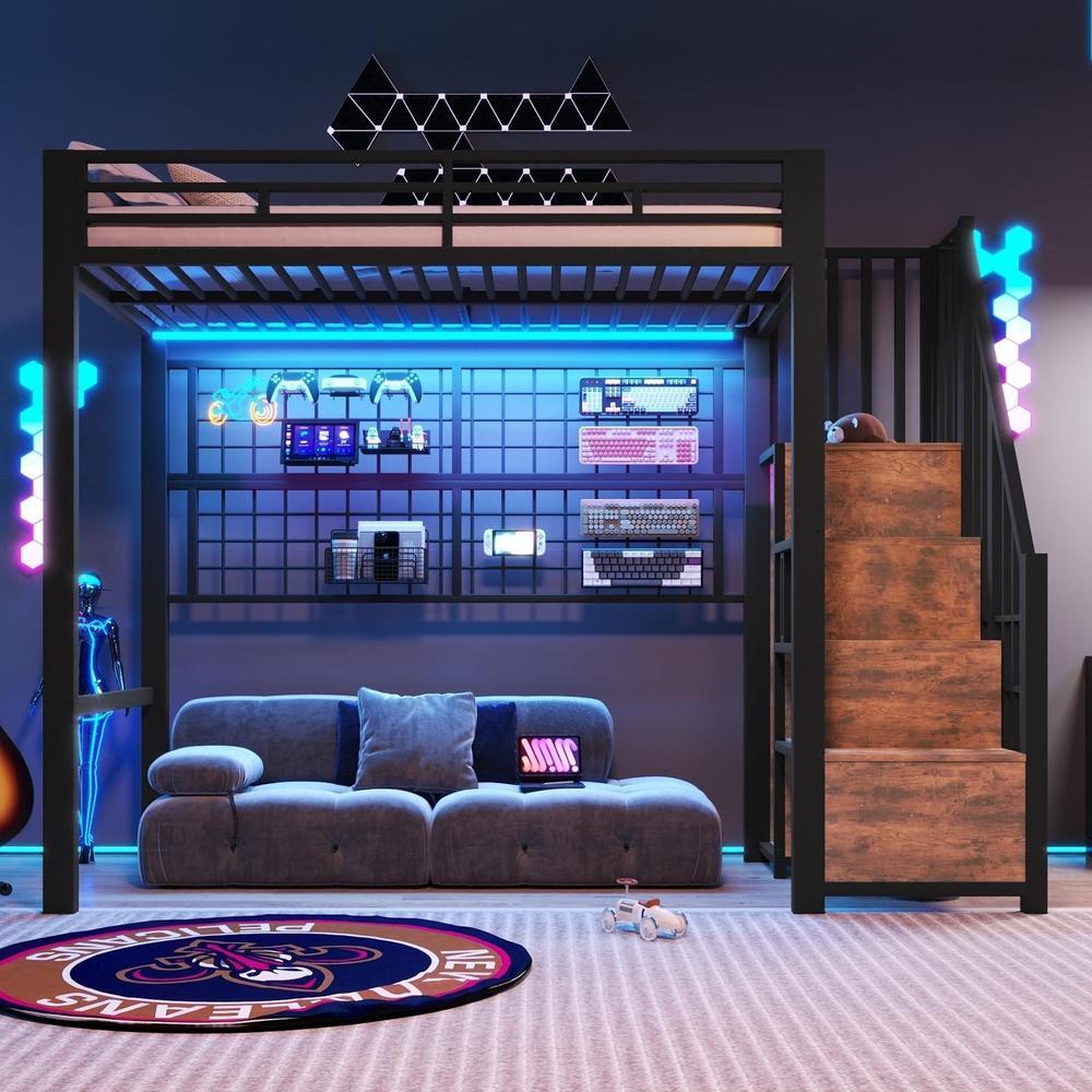 Cama alta 90x200cm com roupeiro e escada com arrumação, preto