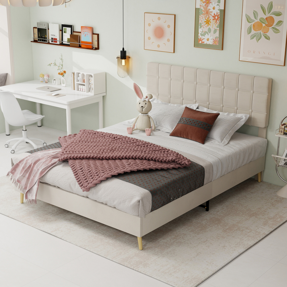 Cama estofada 160x200cm em veludo com cabeceira xadrez – bege