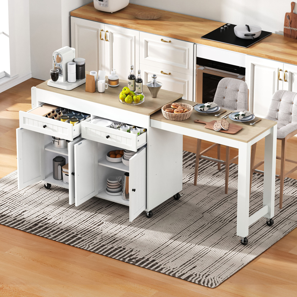 Ilha de cozinha com rodas em mdf branco e natural com tampo extensível