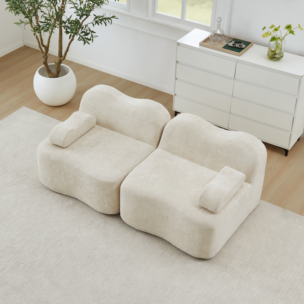 Sofá modular 2 lugares em veludo bege com assento profundo