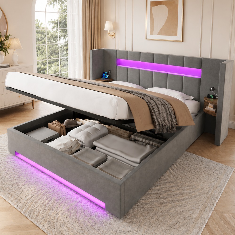 Cama baú 160x200cm veludo cinza escuro com cabeceira, usb e LED