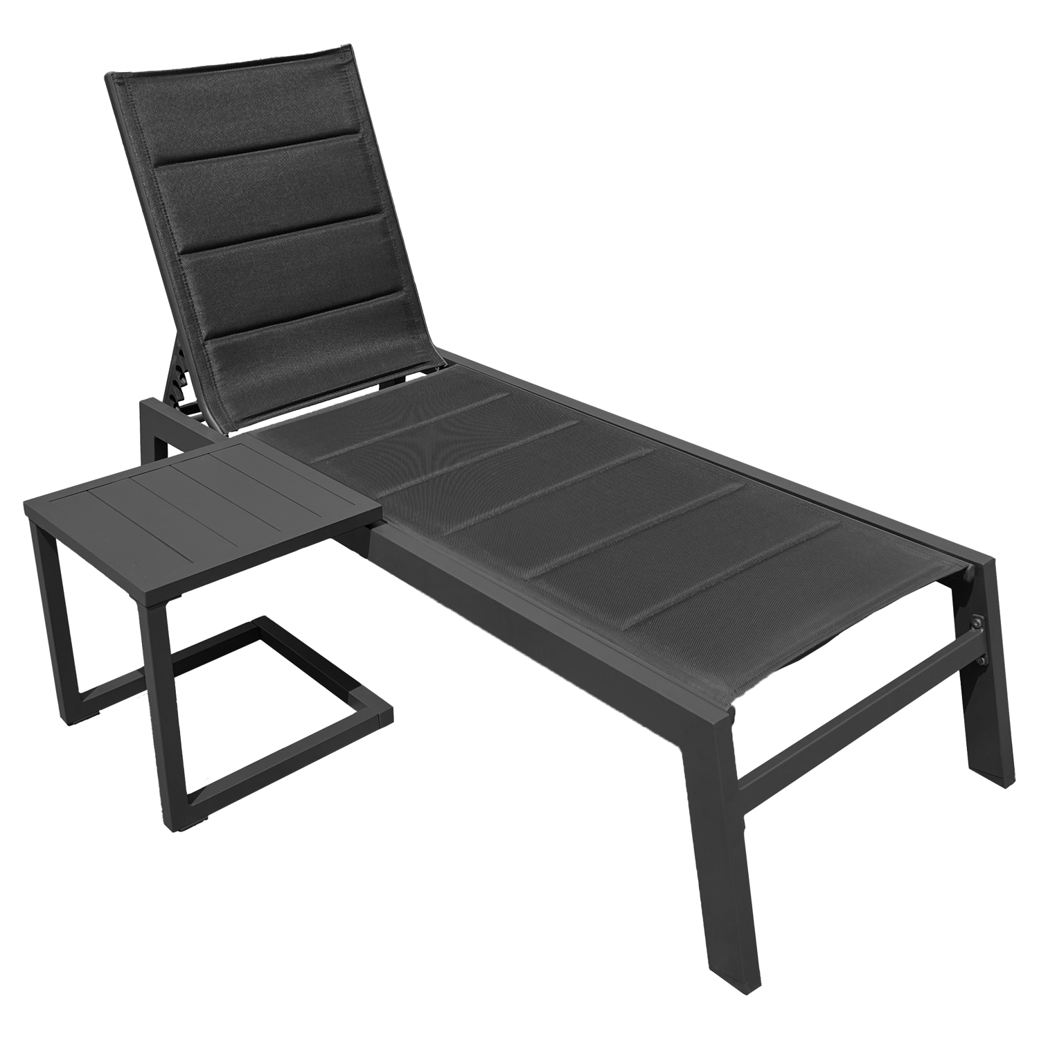 Conjunto de espreguiçadeira e mesa lateral barbados em textileno e alumínio
