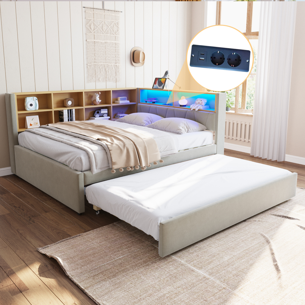Sofá cama 140x200cm com arrumação LED e cama auxiliar flanela cinzento