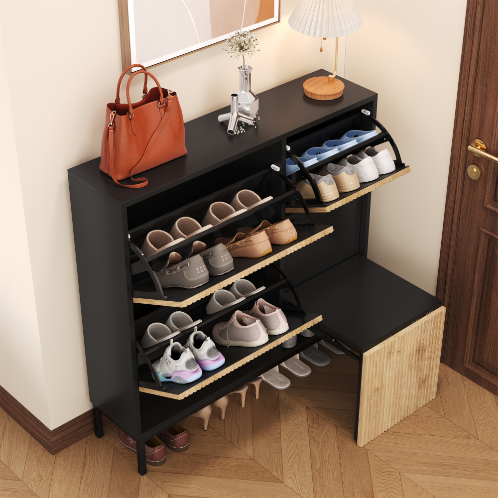 Sapateira com banco retrátil e 3 portas preto natural 100x100x25cm