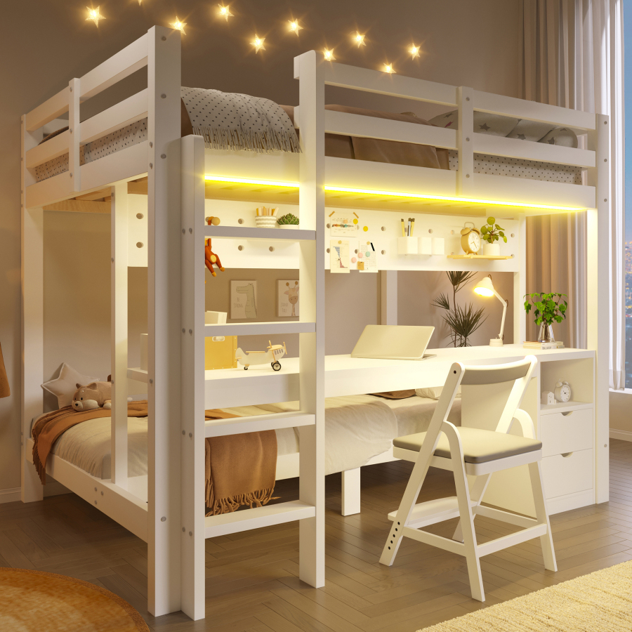 Cama alta 140x200cm com secretária gavetas e painel pinho branco