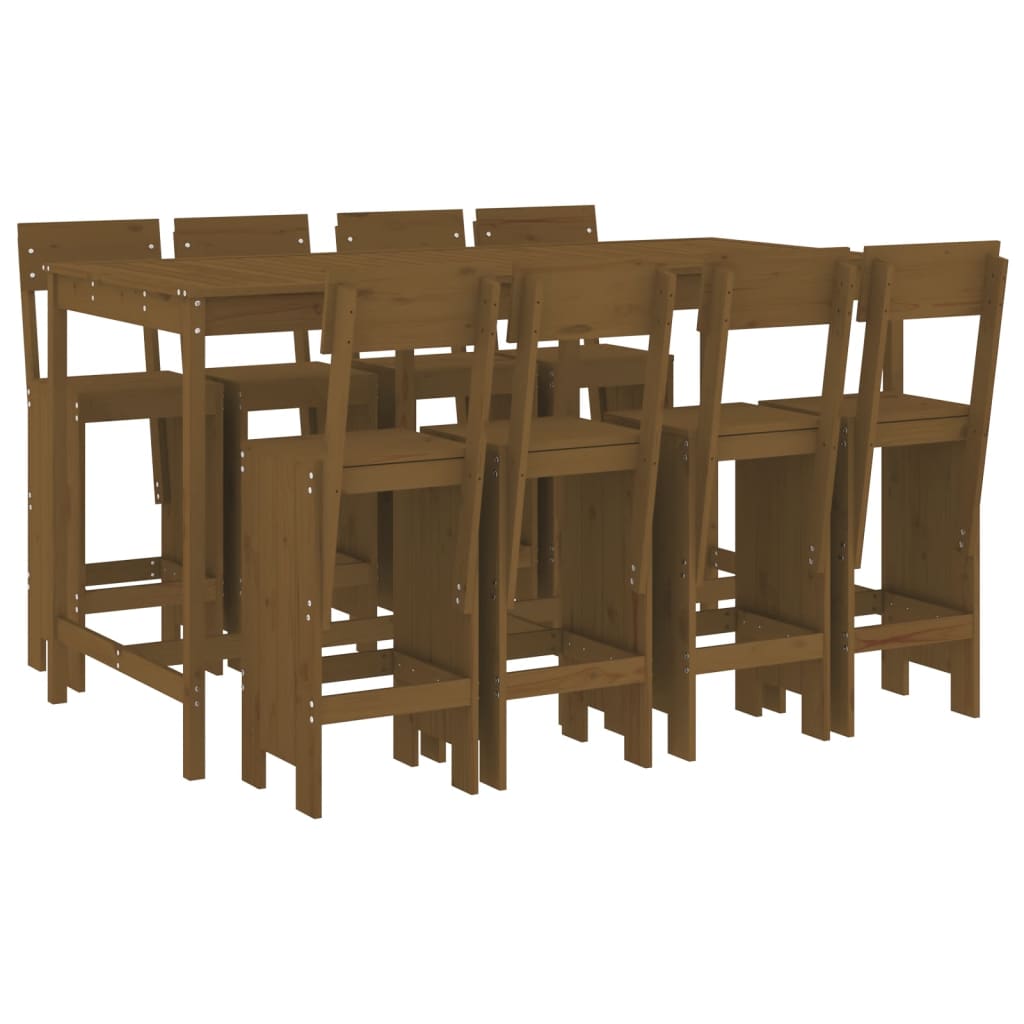 vidaXL mesa y taburetes altos de jardín 9 pzas madera pino marrón miel