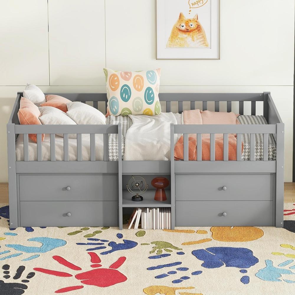 Cama semi-alta 90x200cm com 4 gavetas, grade e escada, cinzento