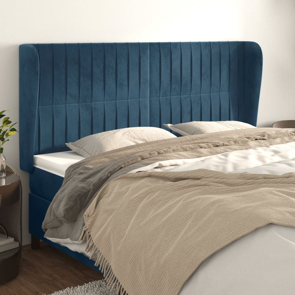 Cabeceira cama c/ abas veludo 203x23x118/128 cm azul-escuro ptob1188