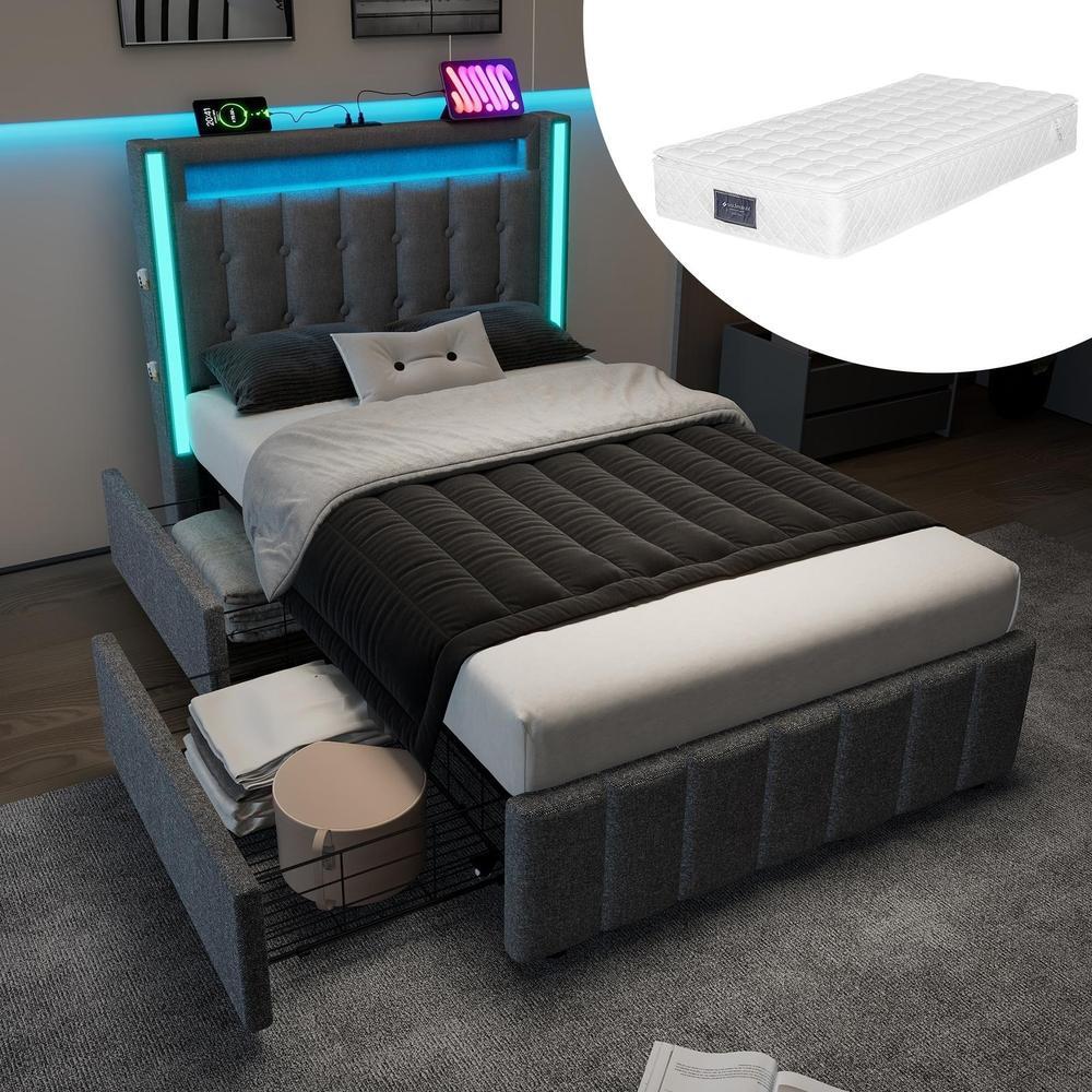 Cama acolchoada 90x200cm LED multicolor, cabeceira usb-c, 2 gavetas, cinza