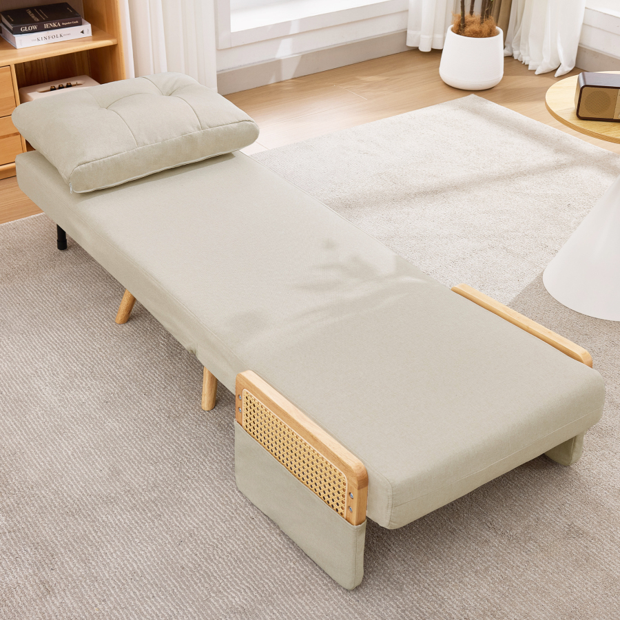 Poltrona cama dobrável em linho bege 1 lugar com encosto ajustável