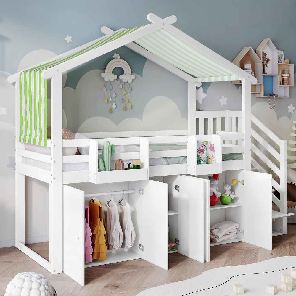 Beliche infantil 90x200cm com roupeiro e arrumação madeira – branco e verde