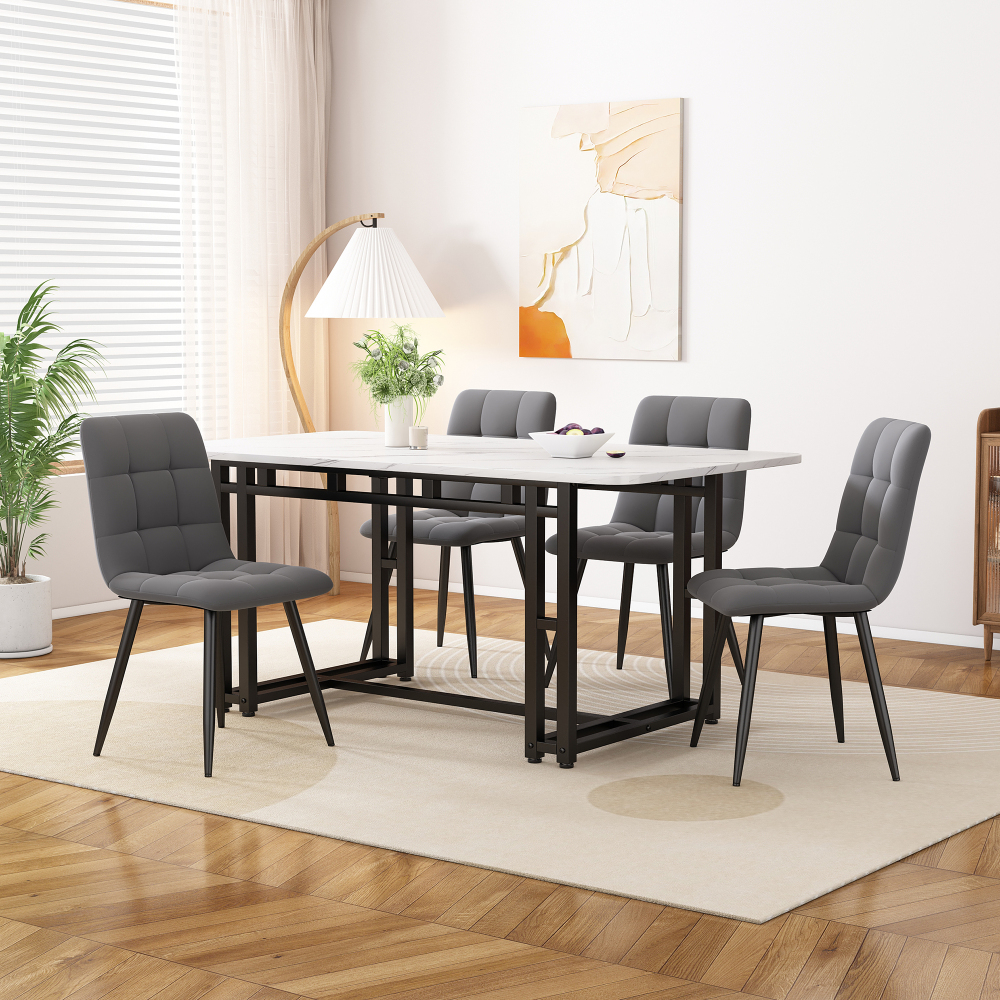 Conjunto mesa de jantar 4 cadeiras em veludo cinzento 120 cm