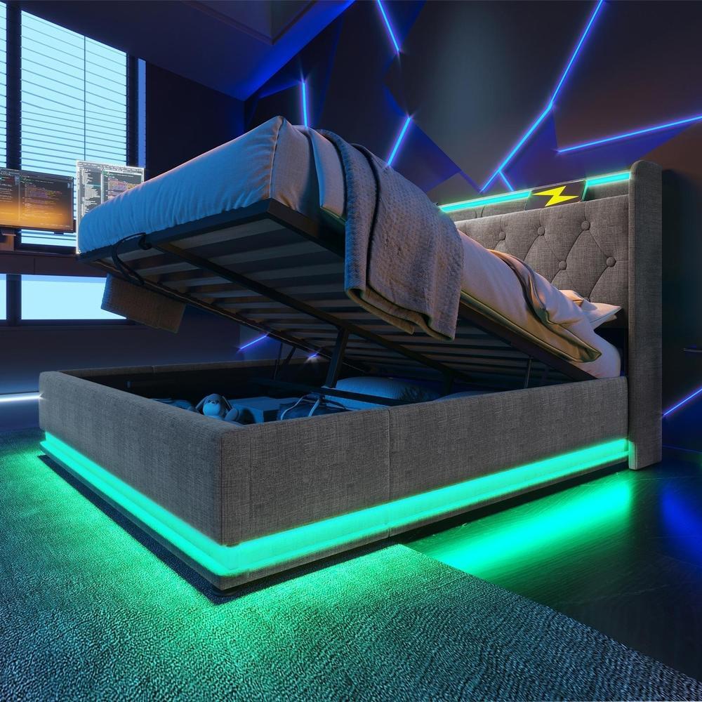 Cama de casal LED 360° com arrumação hidráulica 140x190cm, cinzento