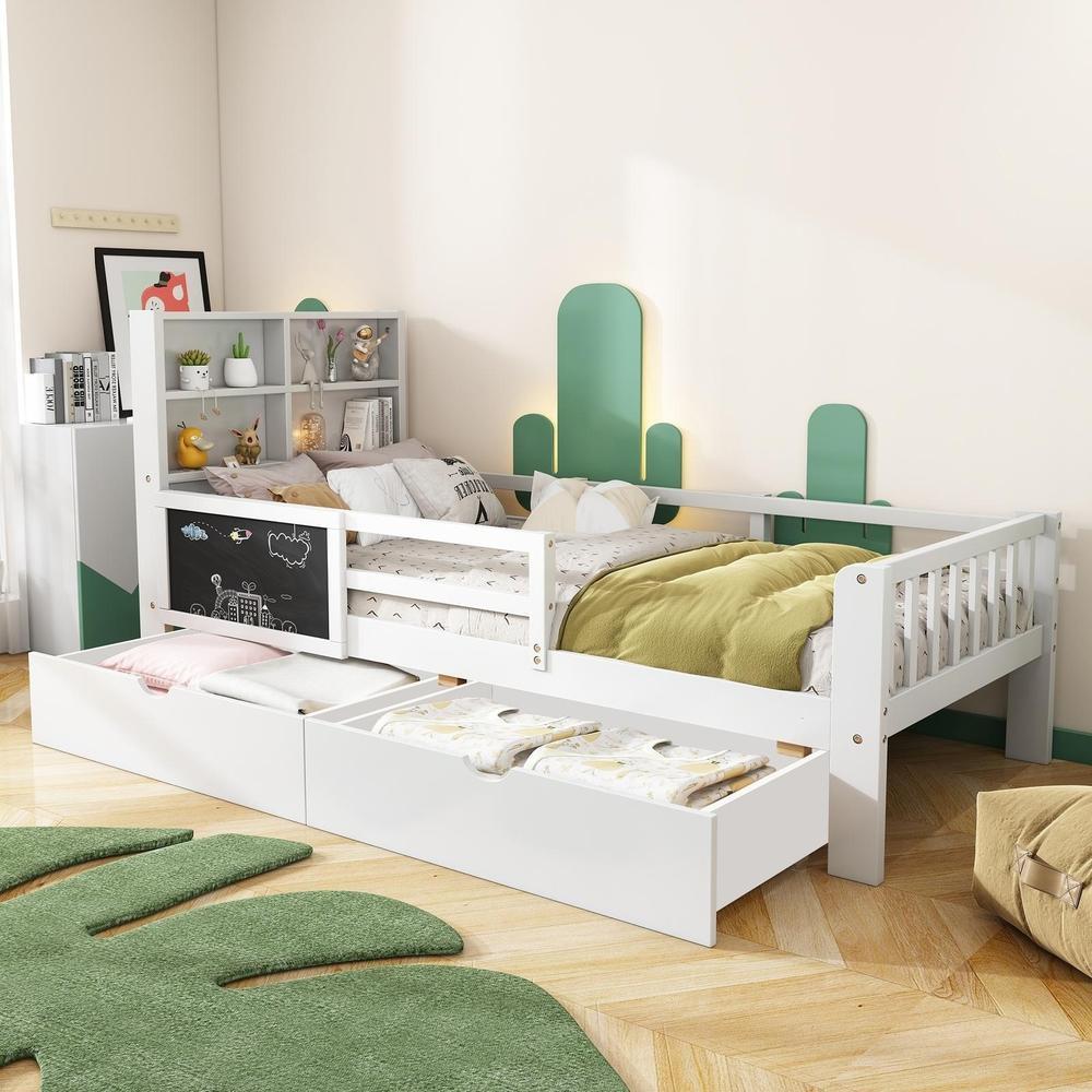 Cama infantil 90x200cm com gavetas, quadro e arrumação, branca