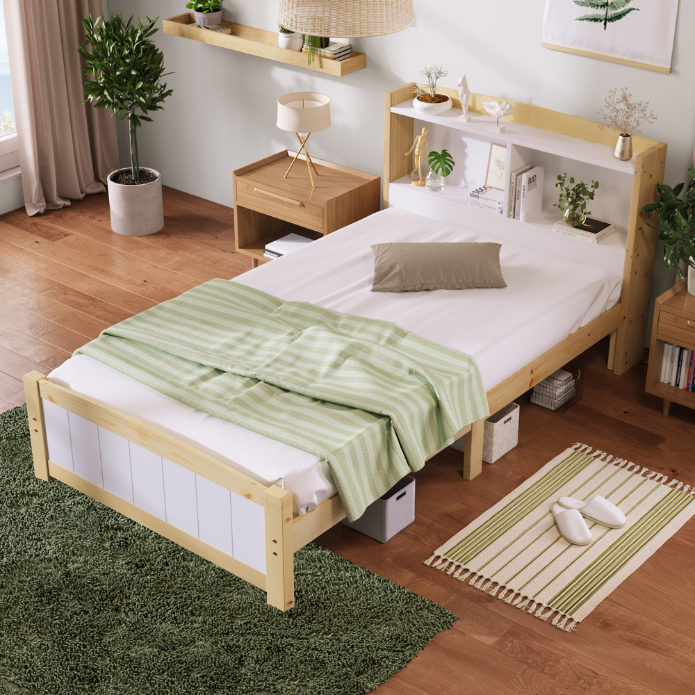 Cama individual 90x200cm com cabeceira com arrumação madeira – branca