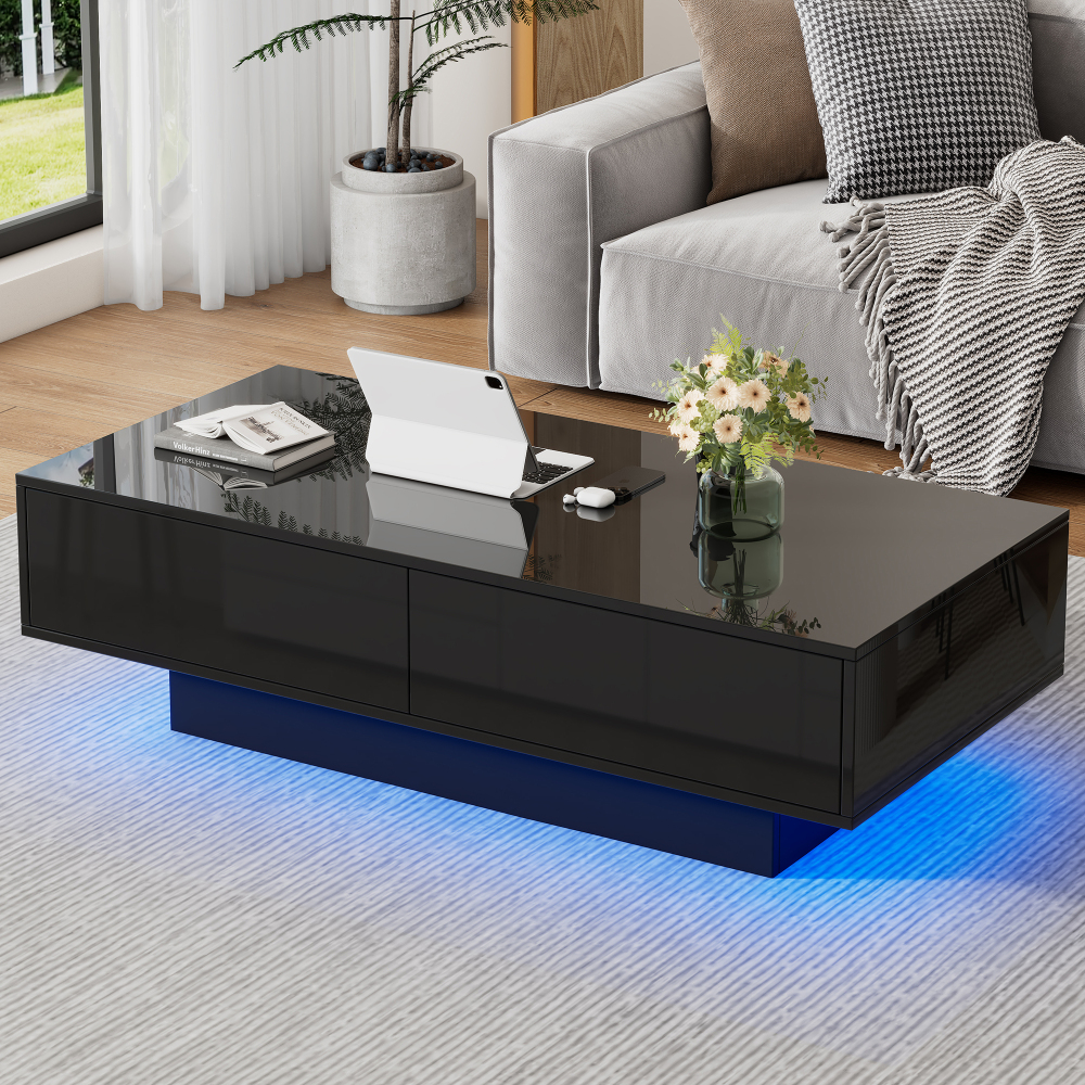Mesa de centro preta brilhante com iluminação em LED 34x115x55cm