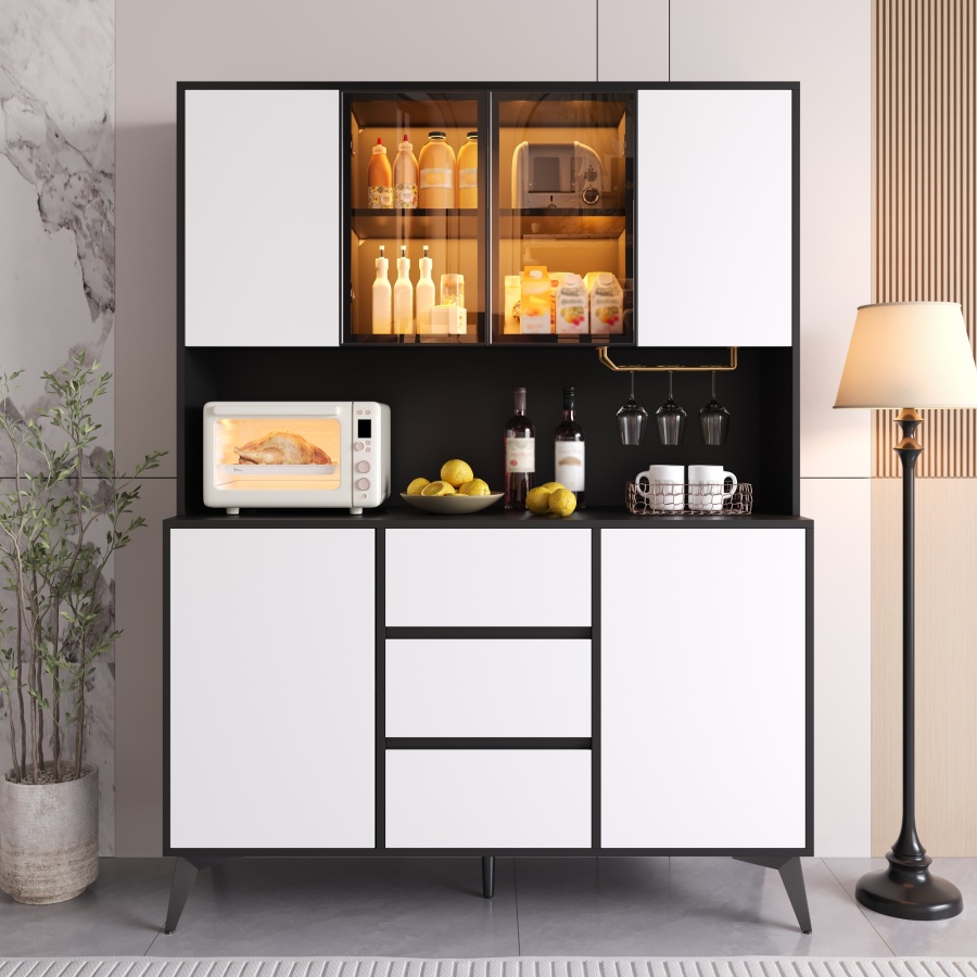 Armário alto vitrine LED 2 portas 3 gavetas preto branco 160x120x40cm