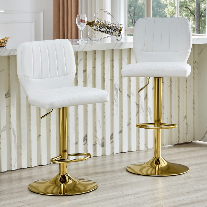 Taburete de bar giratorio ajustable en altura blanco y dorado con respaldo
