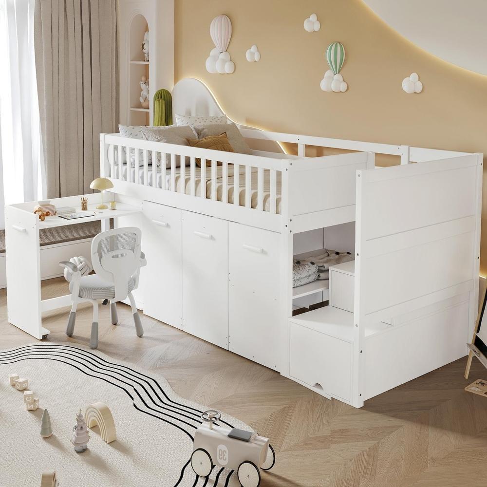 Beliche infantil 90x200cm com secretária, escada e roupeiro, branco
