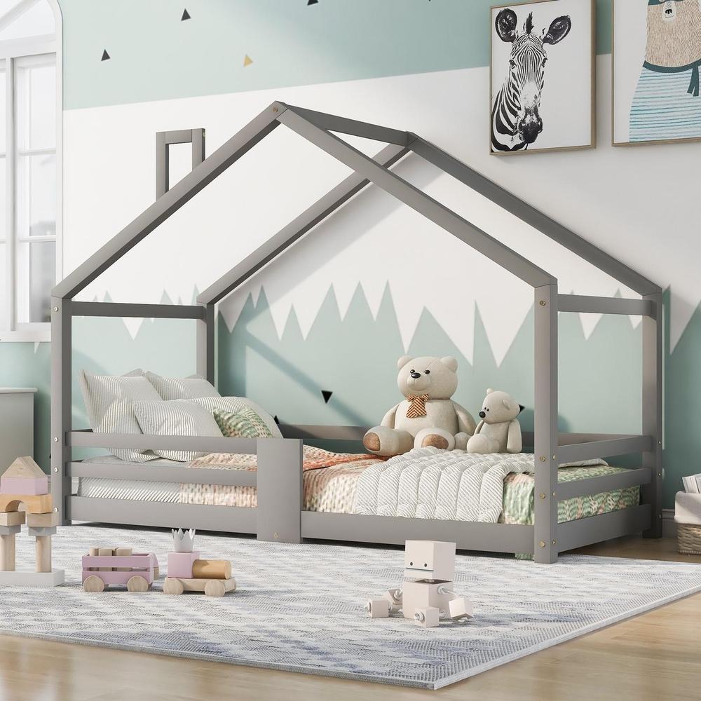 Cama infantil casa 90x200cm madeira maciça com grade e sommier cinza