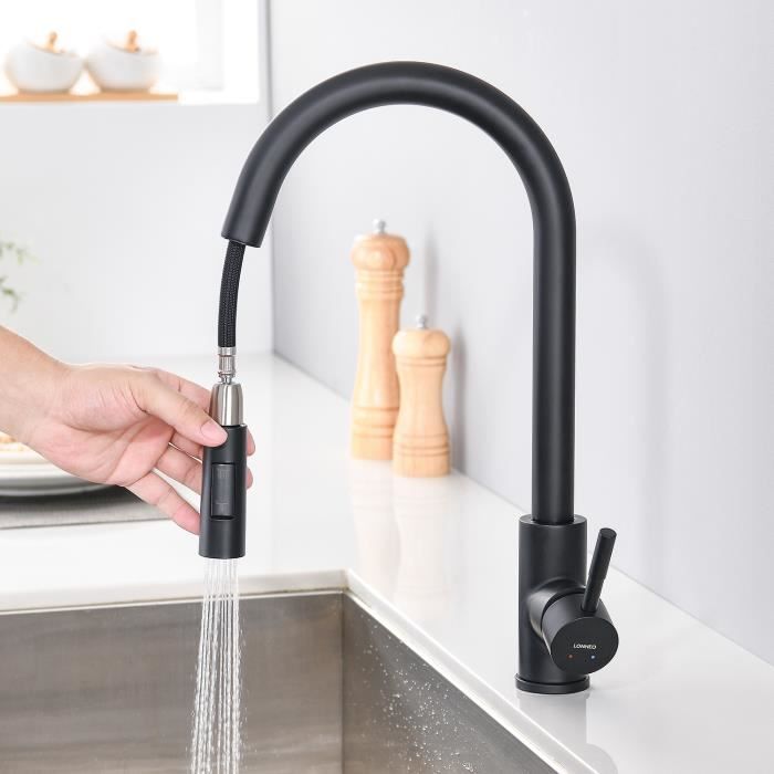 Torneira de cozinha preta lonheo com spray removível e 2 modos de saída de