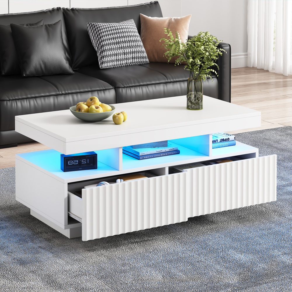 Mesa de centro com LED e 2 gavetas branco 45x100x50cm